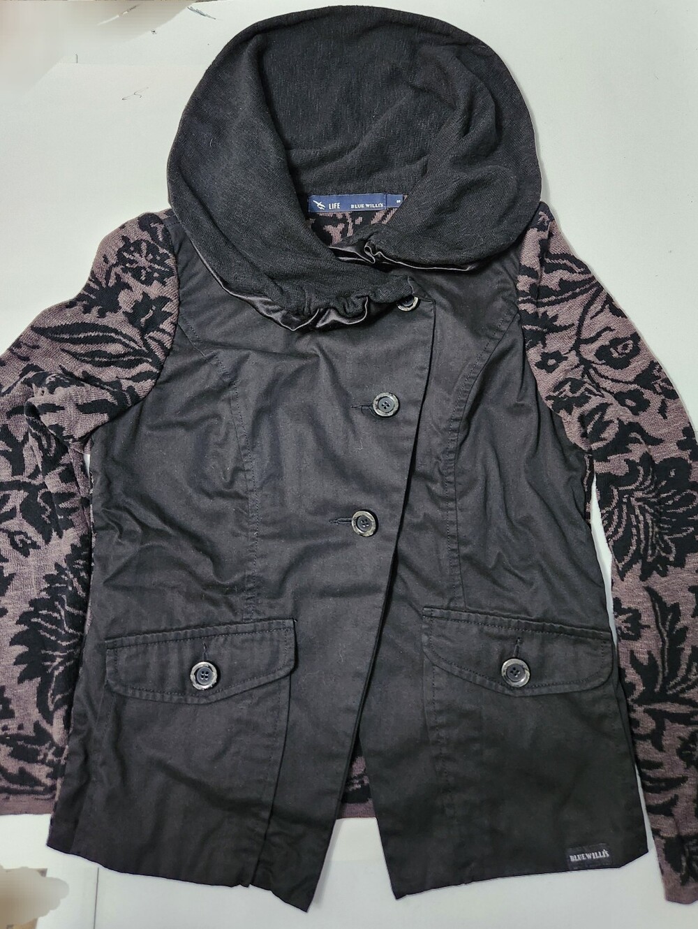BLUE WILLI'S WOMEN'S MID-LENGTH JACKET BLACK/BROWN FLORAL BUTTONS SIZE M
